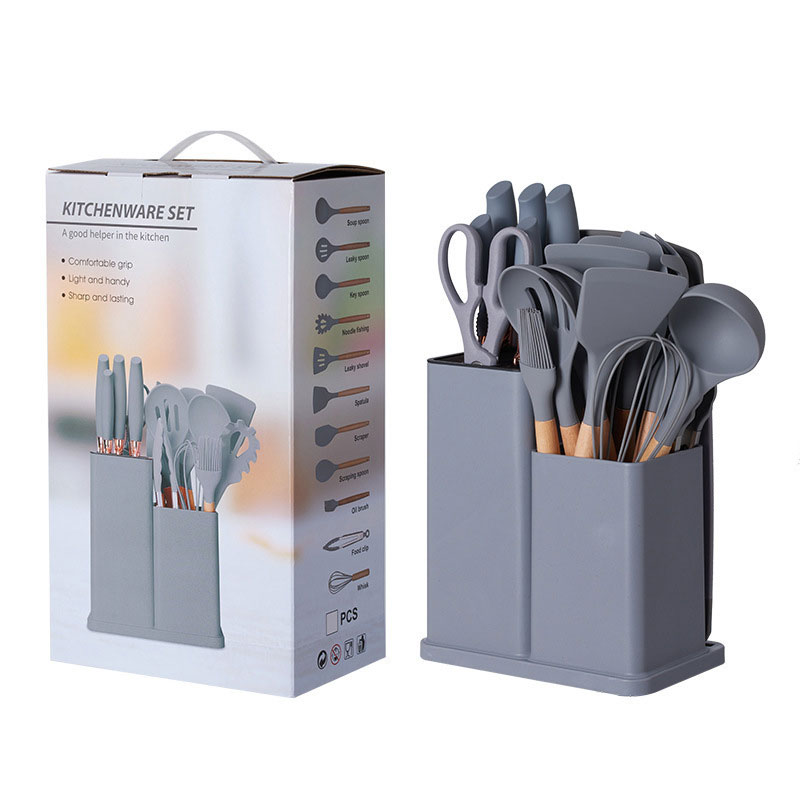 Juego de utensilios de cocina de silicona de 19 piezas con cubo de almacenamiento y cuchillos